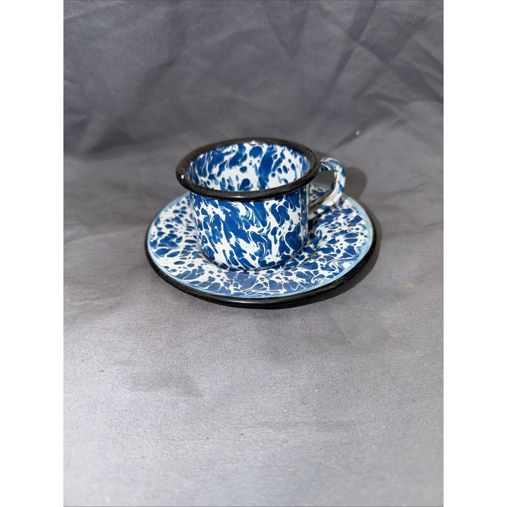 Vintage Enamel Ware Demitasse Cup and Saucer‎ Blue White